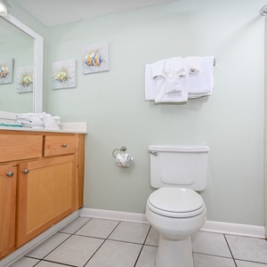 The guest bathroom features a light green wall, wooden cabinetry, neatly arranged towels, and a tub/shower combo