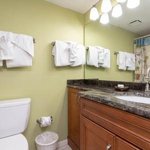 Bright green walls complement the granite countertop and decorative shower curtain in this inviting guest bathroom