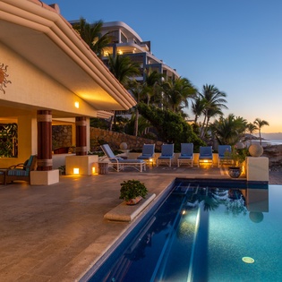 Poolside patio with gorgeous beachfront views