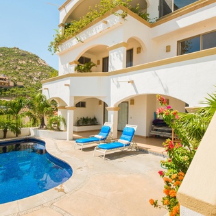 Patio with pool and lounge chairs
