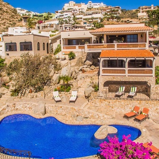 Aerial view of pool and villa