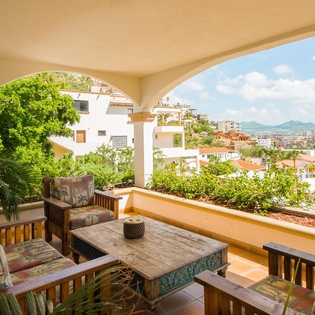 Terrace with city and ocean view