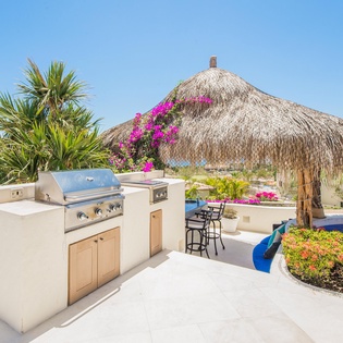 Upscale grill and covered bar with palapa