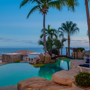Patio with ocean view during the evening