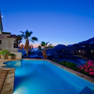 Poolside patio during sunset-1