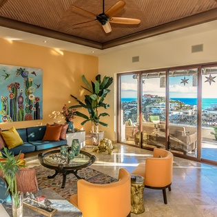 Villa living room with patio and view