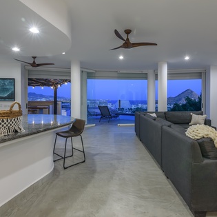 Living area and kitchen with bar seating