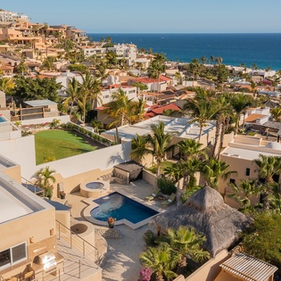 Aerial view of villa with ocean view