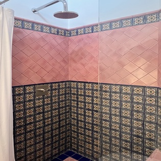 Step into your stunning tiled shower featuring beautiful pink and ornate patterned tiles, where warm water cascades from above for your perfect retreat.