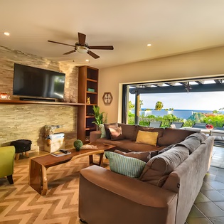 Spacious living area with patio access
