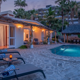 Poolside patio at night