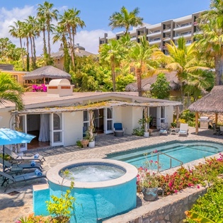 Sunny poolside patio