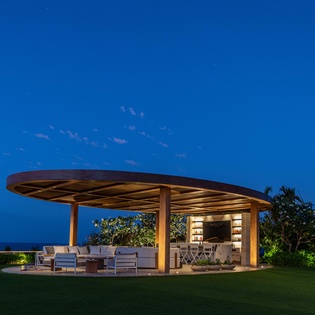 Patio with outdoor seating and bar