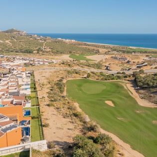 Bird's eye view of golf course and the ocean