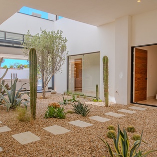 Step into your private desert oasis courtyard, where cacti and succulents create a serene pathway to your bedroom sanctuary.