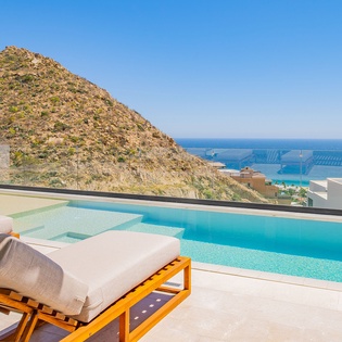 Private pool with stunning sea and mountain views overlooking the Mediterranean coastline.