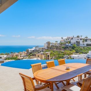 Patio and outdoor seating with incredible ocean view