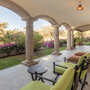 Outdoor garden area with seating