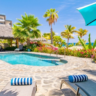 Sunny poolside patio