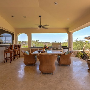 Outdoor seating area with bar seating