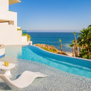 Poolside patio with ocean view
