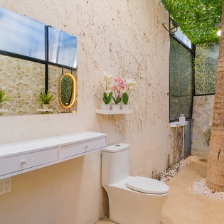 Step into your private tropical oasis where modern luxury meets nature - complete with an indoor palm tree and serene garden views.