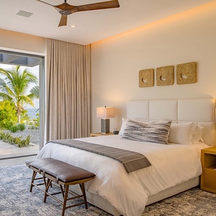 Wake up to swaying palms and ocean breezes through your floor-to-ceiling glass doors. The plush king bed, ambient lighting, and serene tropical views create your perfect island escape.