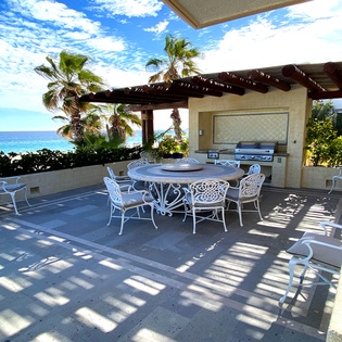 Outdoor dining area with ocean views