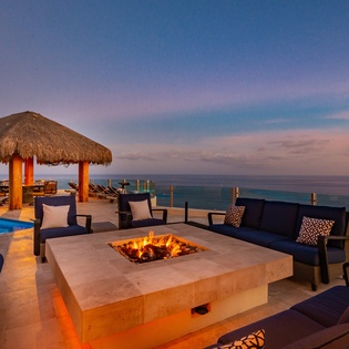 Terrace at dusk with fire pit