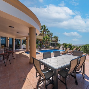 Sunny patio with outdoor seating
