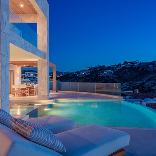 Poolside patio at night