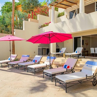 Your private poolside oasis awaits, with plush loungers beneath vibrant pink umbrellas, cozy hanging chairs, and lush tropical palms framing your sunny escape.