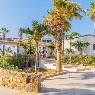 This sun-drenched property features Spanish-style architecture surrounded by vibrant tropical landscaping with towering palms and colorful flowering plants creating a welcoming resort-like atmosphere.