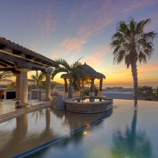 Poolside patio during sunset