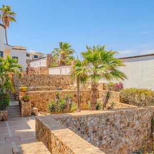 This desert-inspired property features natural stone walls, palm trees, and cactus gardens under bright sunny skies, creating a warm southwestern ambiance in a tranquil neighborhood setting.