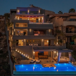 Night time exterior view of villa