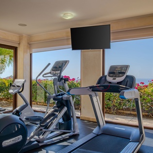 Work out with a view! Your private fitness space overlooks tropical gardens and blue skies, making every workout feel like a vacation.