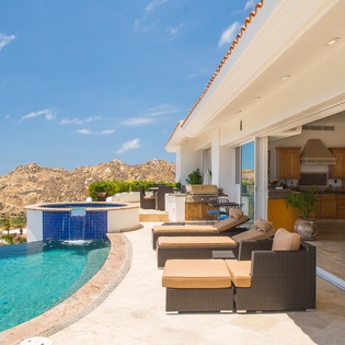 Hot tub, pool, and relaxing seating