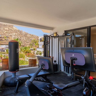 A well-equipped fitness area with mountain views, featuring professional-grade equipment for your daily workout routine in a bright, naturally-lit space.