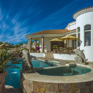 Poolside patio view of villa