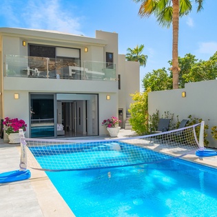 Modern villa with private pool surrounded by tropical palms and lush landscaping under bright blue skies.