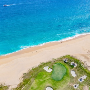 Aerial view of beach and golf course