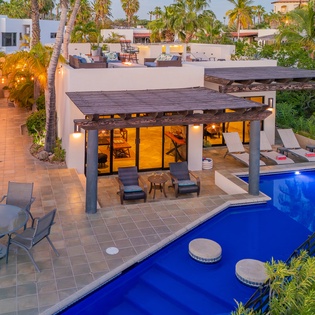 Poolside view of villa exterior