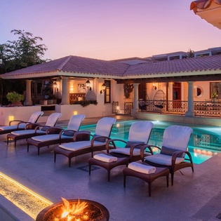 Poolside patio during sunset
