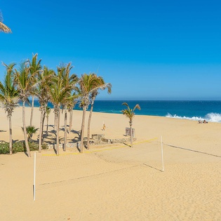 Private beachfront with swaying palms, pristine sand, and ocean waves. A volleyball court invites friendly competition under clear blue skies in this tropical coastal setting.
