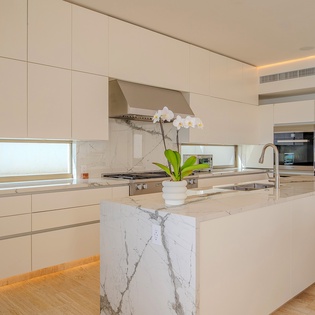 Your modern kitchen awaits with sleek marble countertops, premium appliances, and stunning natural light streaming through expansive windows.