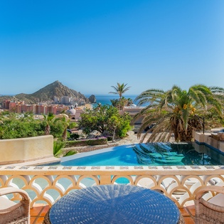 Terrace overlooking the patio and ocean views