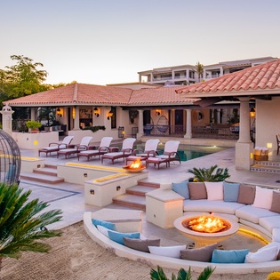 Patio with pool and firepit seating