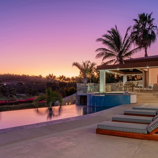 Poolside patio during sunset