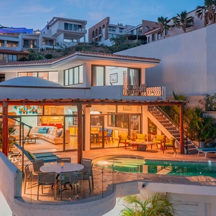Aerial view of villa at night